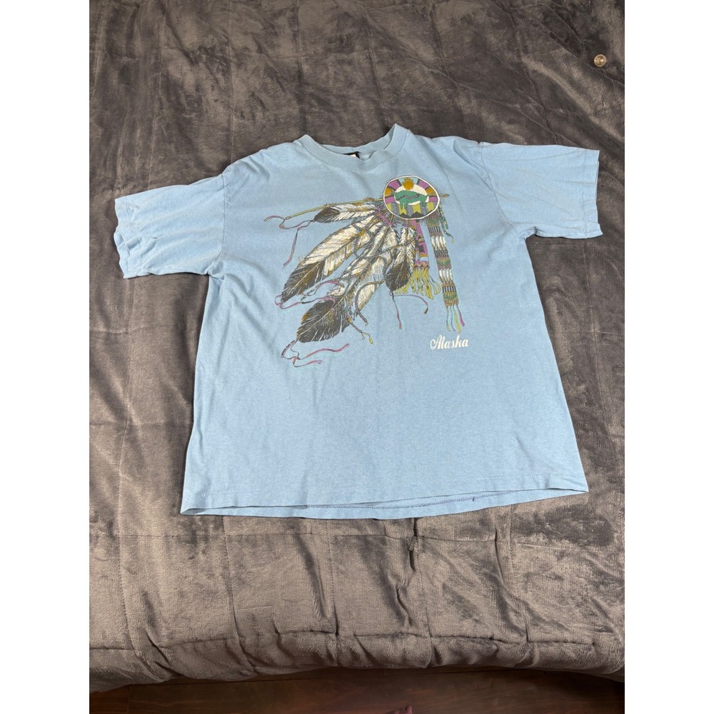 Vintage Diamond Dust Alaska Graphic T-Shirt Light Blue Large Native American 90s